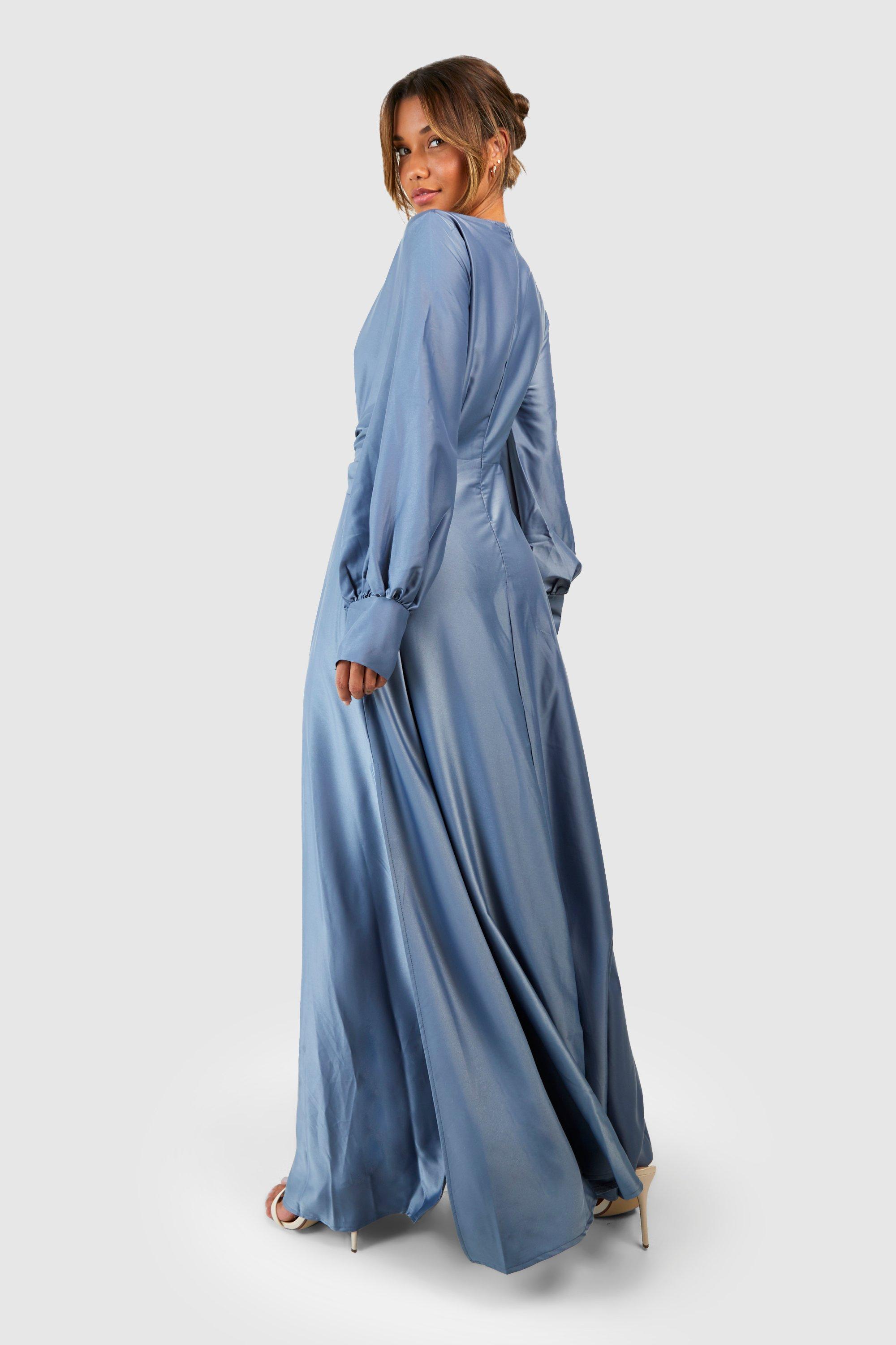 Blue silk shop long sleeve dress